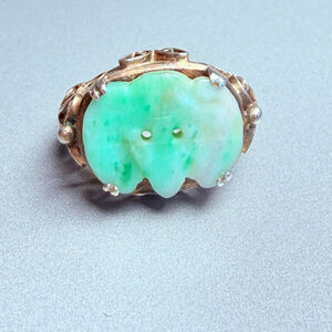Antique Victorian Carved Moss Jade Jadeite Sterling Silver Gold Vermeil Ring